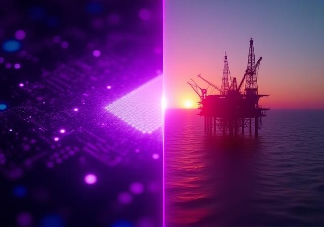 Overlay of digital circuitry and oil rigs representing market sectors